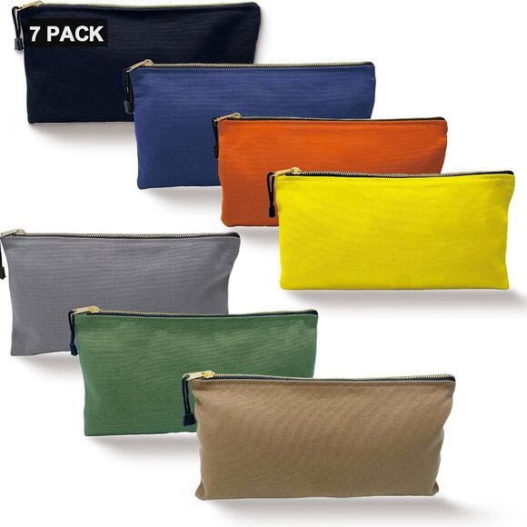 7-Pack Canvas Tool Bag Zipper Pouch – Heavy Duty 16 Oz Canvas, Metal Zippers, 12.5 X 7 Inch, Multi-Color Storage Organizer For Tools, Art, Electronics & More